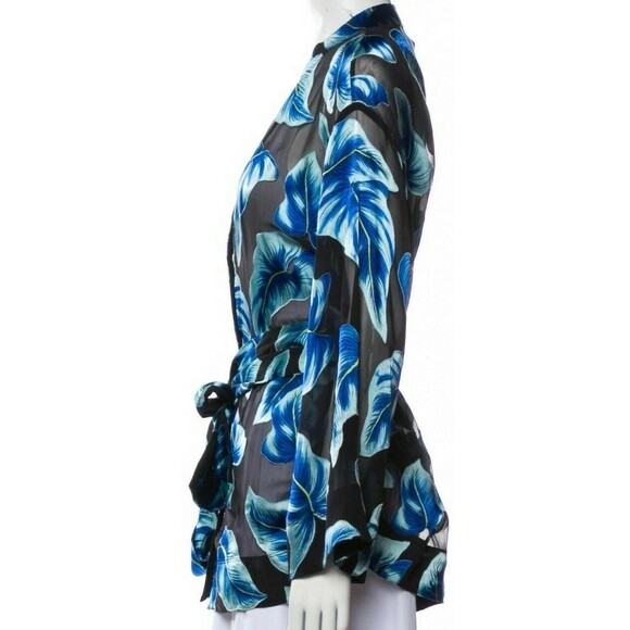 Women's Blouses' Designer Alice + Olivia Blue Floral Print Long Sleeves Tunic M - Picture 2 of 8